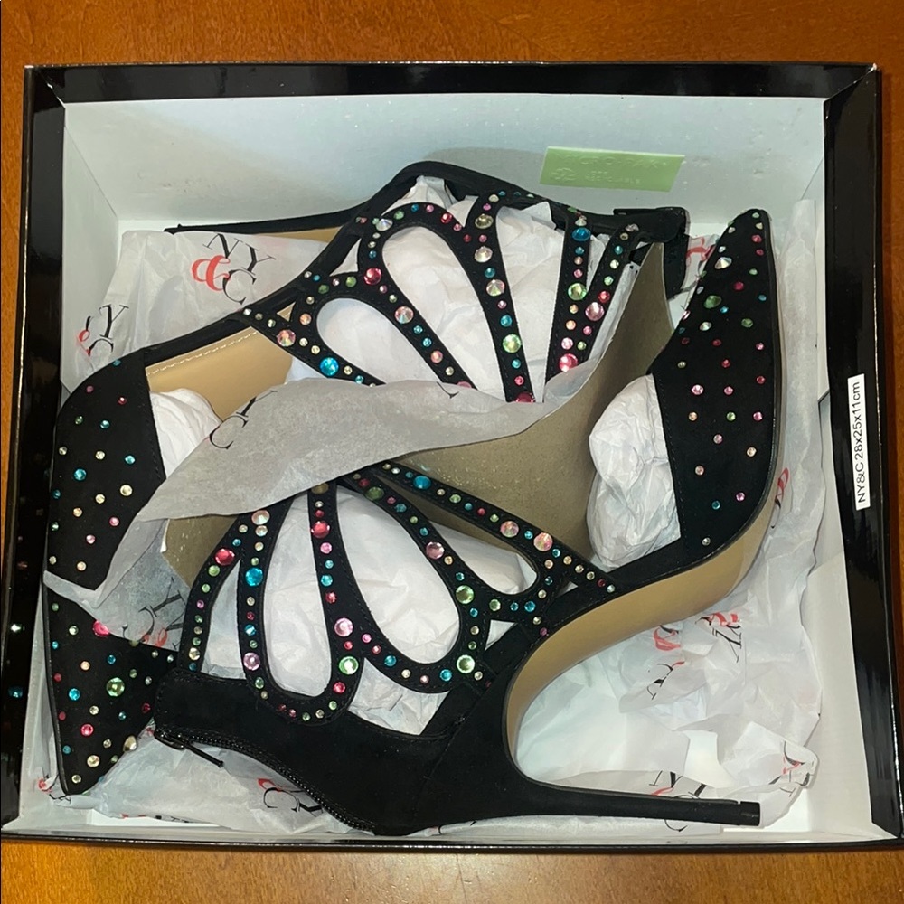 Ana Heel - Elegant Black Stiletto Heels with Multicolor Rhinestones